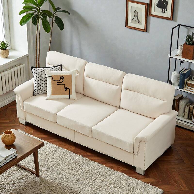 82 Inch Modern 3 Seater Sofa with Snowfleece Fabric, Compressed Upholstered Couch for Living Room Bedroom