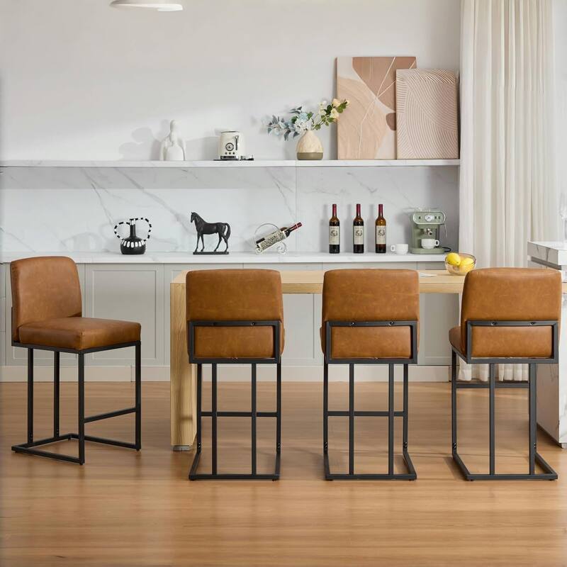 Bar Stools Set of 2, 24" Seat High Counter Height Leather Barstools
