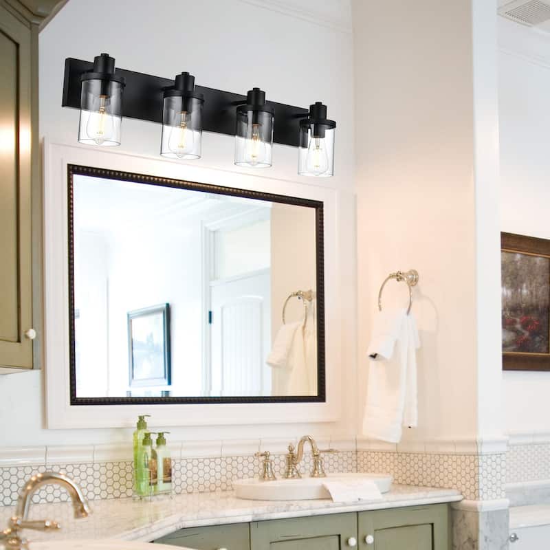 4 Light Bathroom Vanity Lighting with Clear Glass Shade - Black