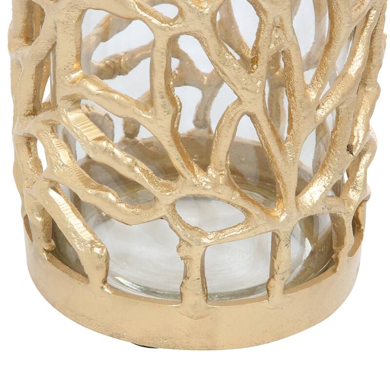 Gold Aluminum Metal Decorative Indoor Outdoor Candle Lantern with Coral Pattern - 5 x 5 x 10