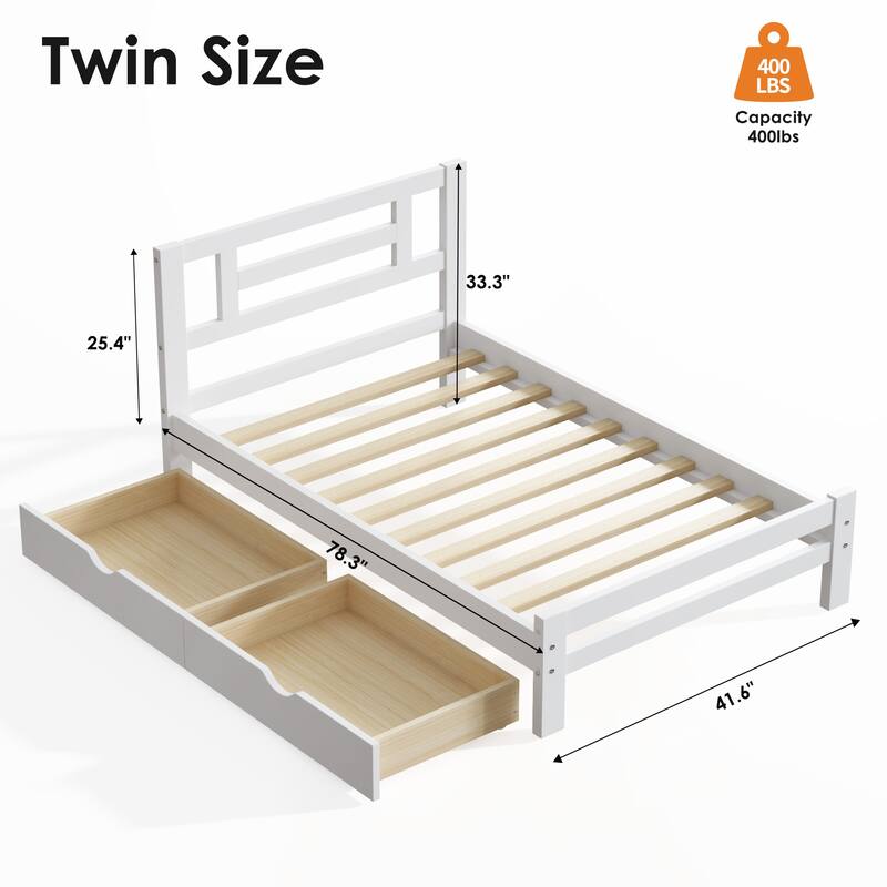 Twin Size Bed Frame Wood Platform Bed Frame with Headboard and 2 Storage Drawers/Wooden Slat Support/No Box Spring Needed/White