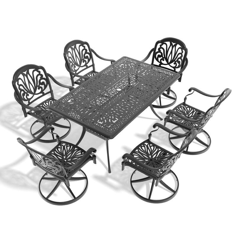 7-Piece Aluminum Rectangular Outdoor Patio Dining Set, 6 Cushioned Swivel Chairs, Table, All-Weather Frames