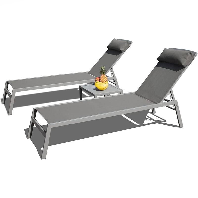 3 Pieces Aluminum Patio Chaise Lounge Set - Grey