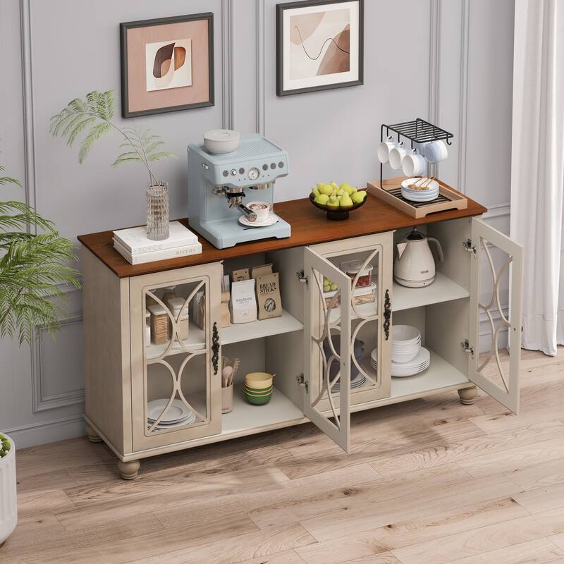 59.45" Antique 4-Door Cabinet with Tempered Glass Doors, Retro Buffets Sideboards, European Hallway Accent Cabinet
