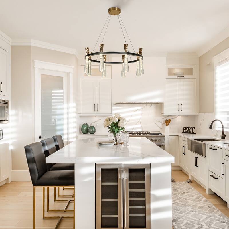 Modern LED 8-Light Wheel Black Gold Chandelier with Clear Acrylic Shades - Dia. 32.7" x H 13.3"