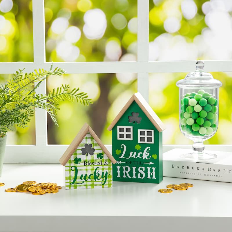 Glitzhome 8.5"H Set of 2 Lighted St. Patrick's Wooden House-shaped Table Decor