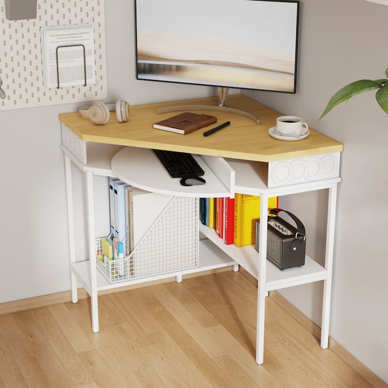 360° Rotating Corner Desk with Pull-Out Keyboard Tray – Small Space L-Shaped Computer Desk White & Oak