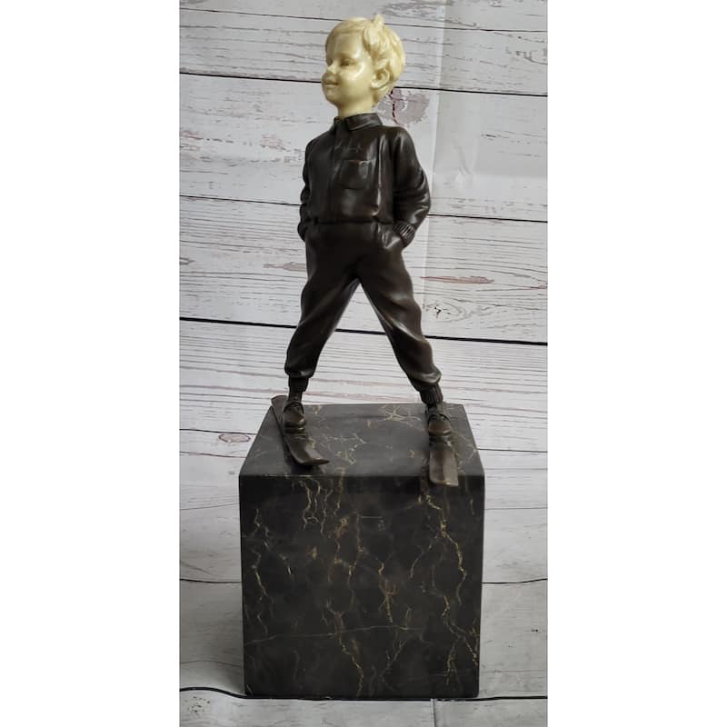 Little Boy Child On Skis Skiing Bronze Statue Sculpture Figurine On Marble Base