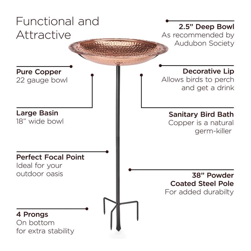 Pure Copper 18" Bird Bath on Garden Pole By Good Directions