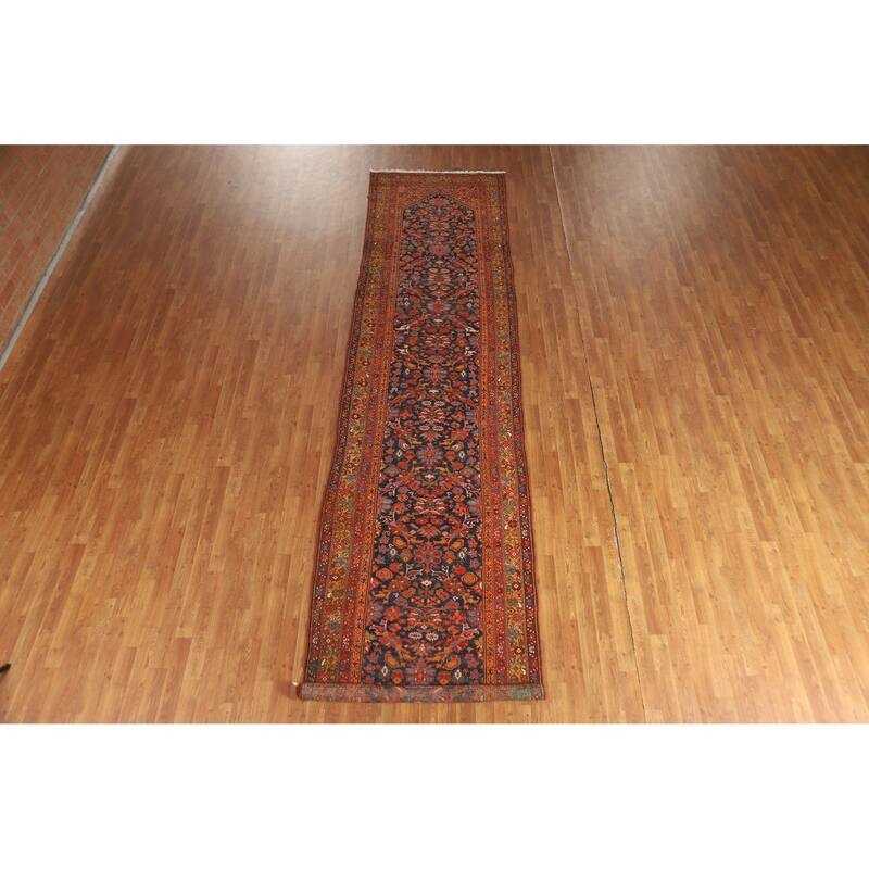 Hand Knotted Oriental 100% Wool Carpet Traditional Floral Navy Blue & Blues Malayer Runner Rug - 15' 8'' X 3' 7''
