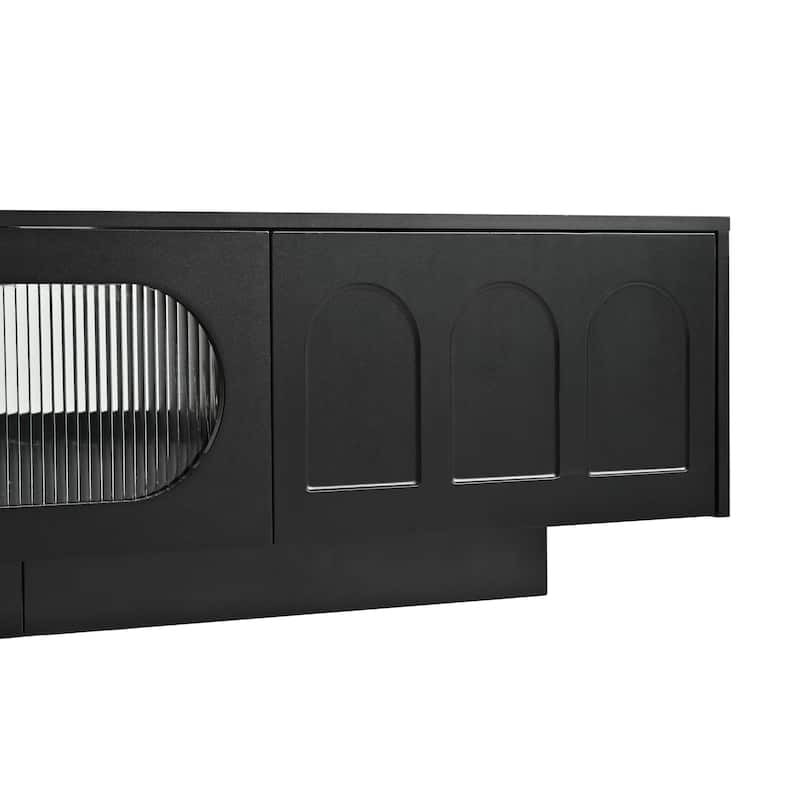Black 86.6" TV Stand with Smart LED Strip, Ample Storage, and Tempered Glass Doors for TVs Up to 95"