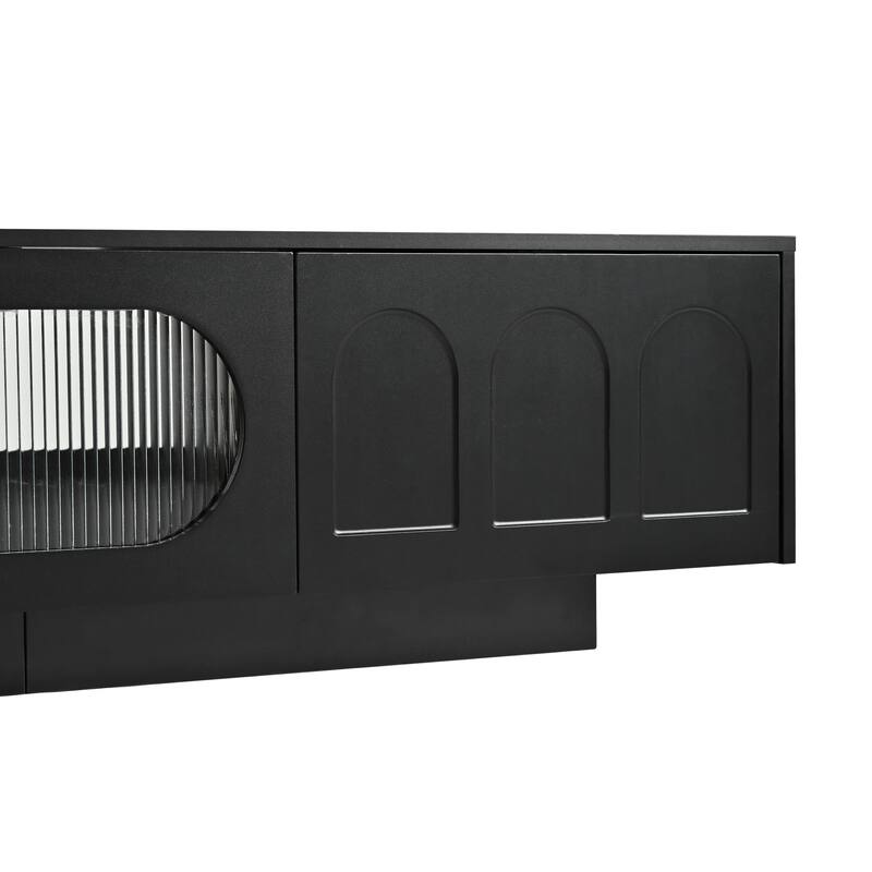 Elegant TV Console with Arched Fluted Glass Doors - Bluetooth LED TV Stand for 95" TVs, Storage Cabinets