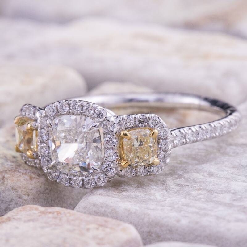 Auriya 14k Two-tone Gold 2ctw 3-stone Fancy Yellow Diamond Engagement Ring Certified