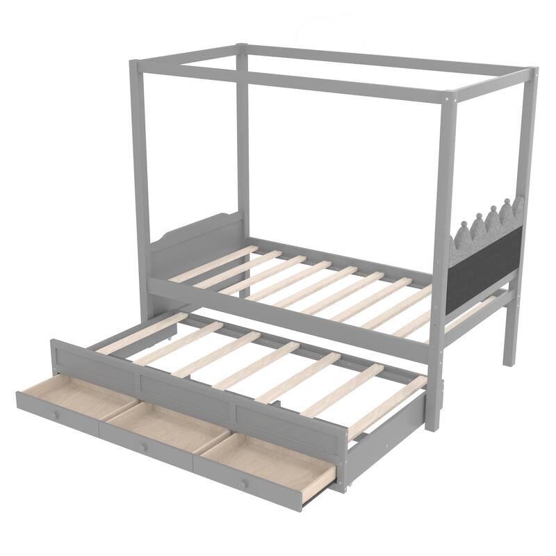 Twin Platform Bed with Upholstered Headboard, Twin Size Trundle and 3 Drawers, Princess Canopy Bed Frame for Kids
