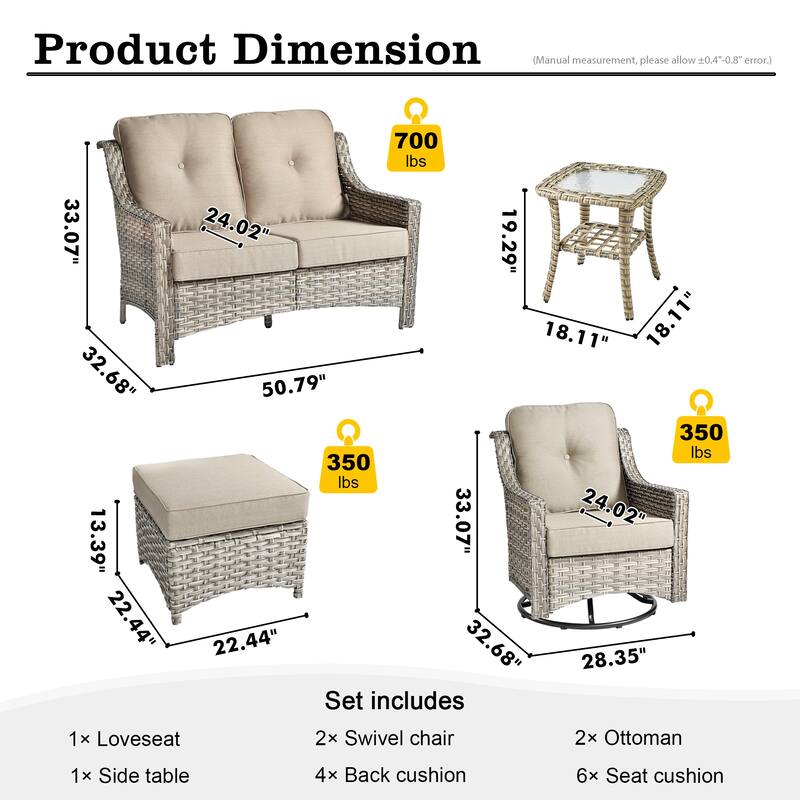 HOOOWOOO 6-piece Wicker Furniture Patio Loveseat Sofa Conversation Set with Swivel Chair