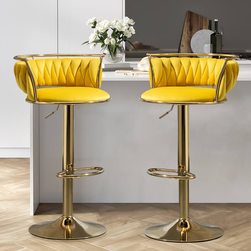 Modern Velvet Adjustable Swivel Bar Stools Set of 2 - Yellow