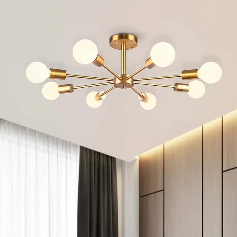 8-Light Modern Industrial Linear Sputnik Semi-Flush Mount Light - Gold