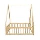 preview thumbnail 11 of 10, Natural Full Size Pine House-Shaped Floor Bed with Roof & Guardrails