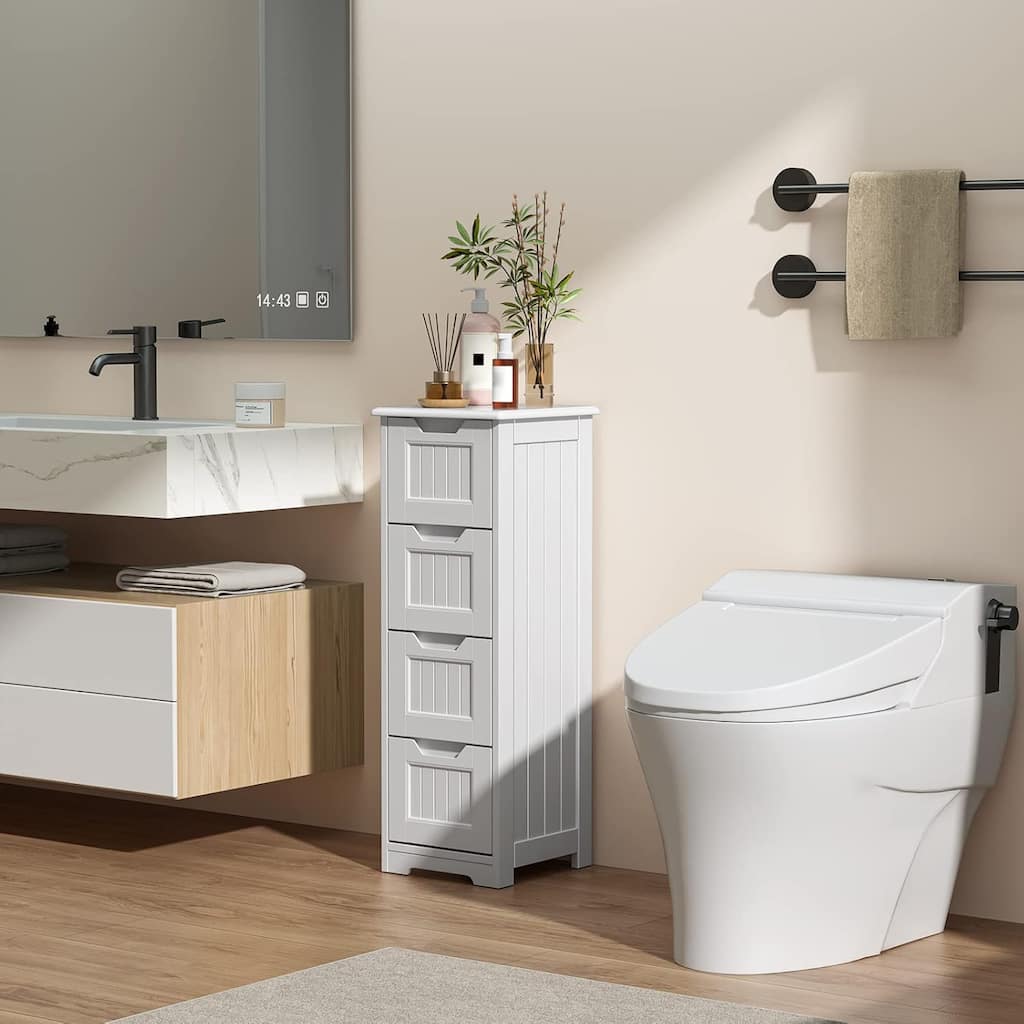 Bathroom freestanding floor standing storage cabinet with 4 drawers slim storage cabinet tall linen tower