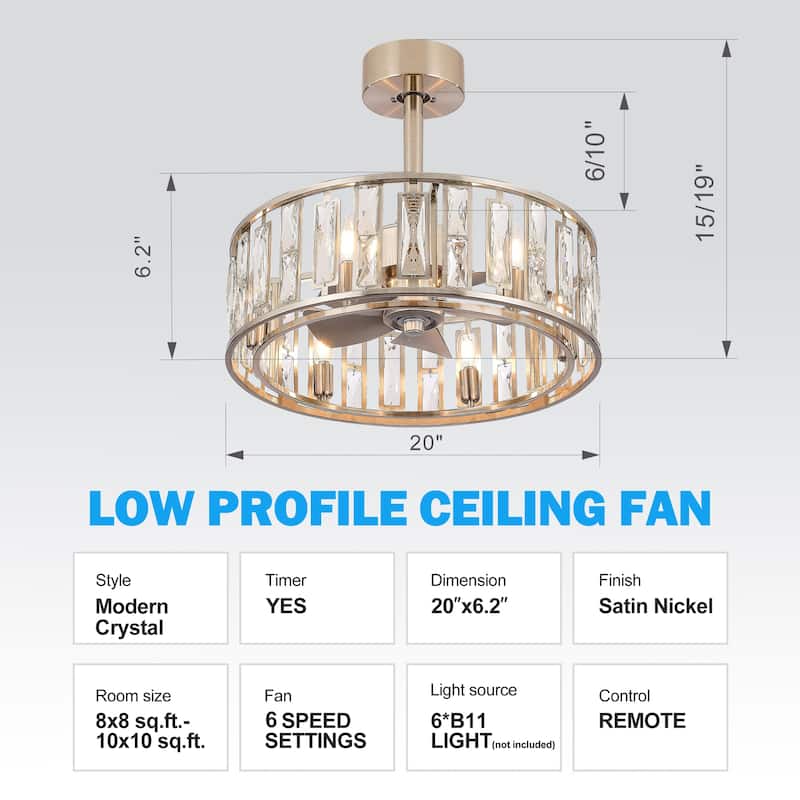 20-In Nickel Caged Crystal Ceiling Fan with Lights and Remote,5 ABS Blades, 6 Light E12 Base,Reversible DC 6-Speed Indoor Fan