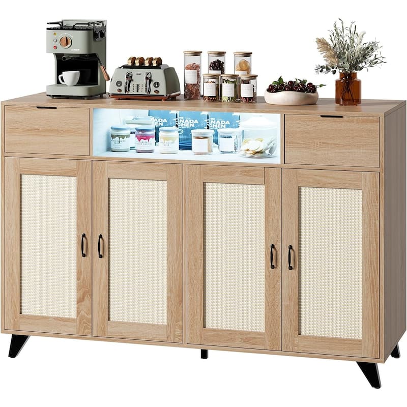 Sideboard Buffet Cabinet, 4 Rattan Doors 2 Drawers Accent Storage Cabinet