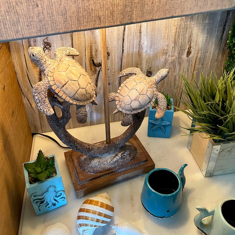 Set Of 2 Double Sea Turtle Table Lamps Coastal Nautical Resin 27.75" W/Shades - 27.75 X 15 X 9 inches