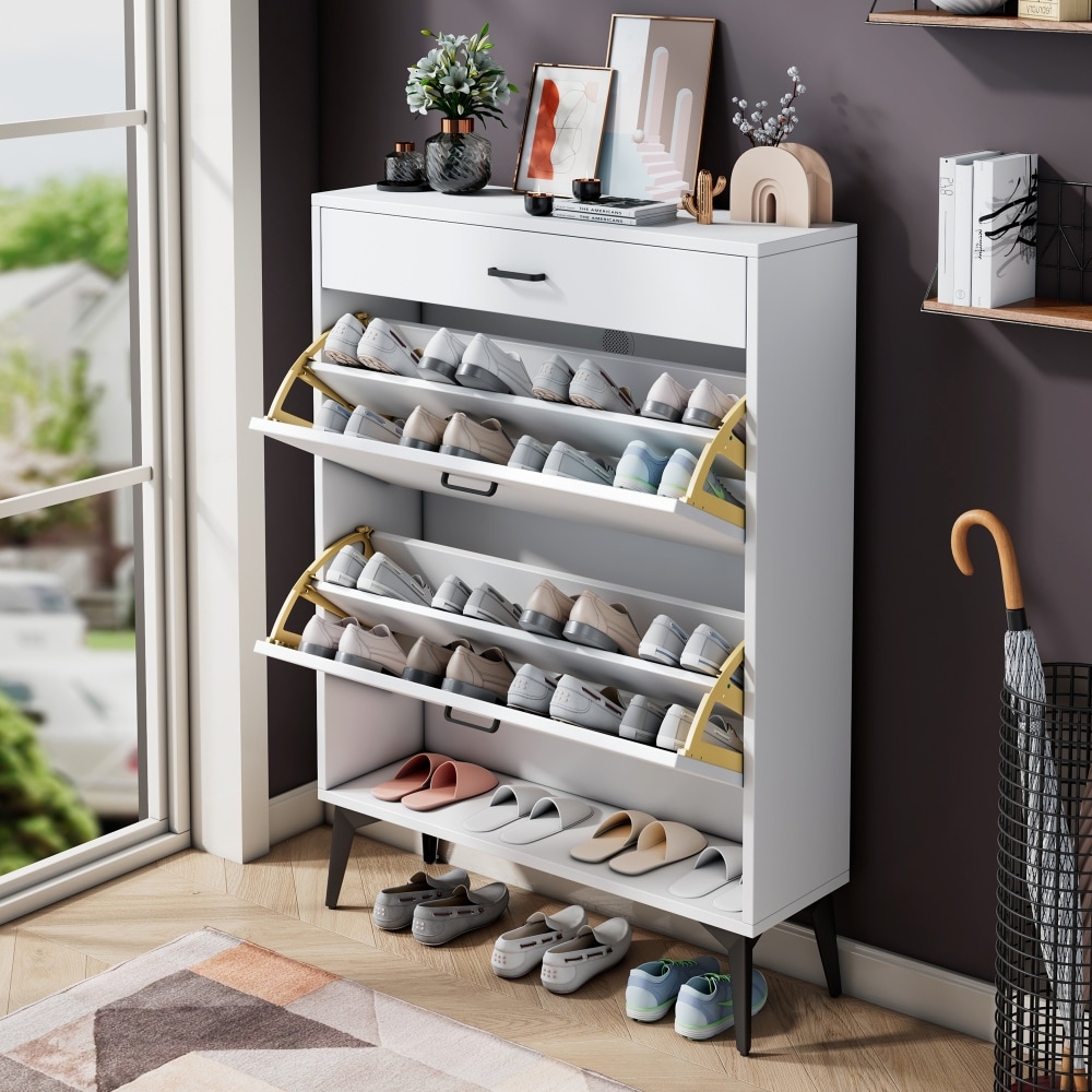 31.49 in.W MDF Shoe Storage Cabinet with Metal Leg and 1 Drawer 4 Tier Bed Bath Beyond 39681038