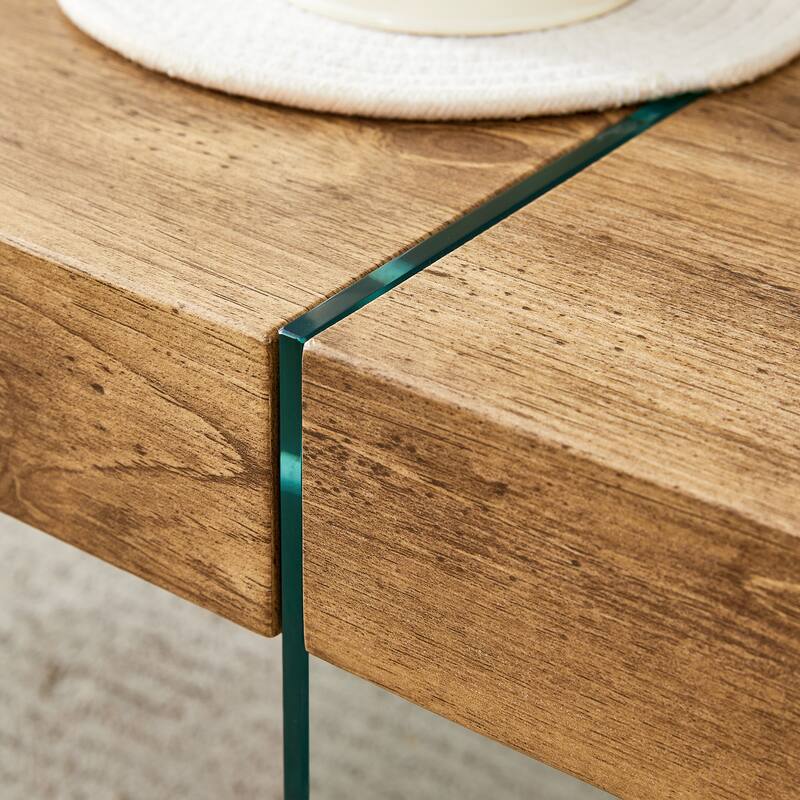 Rectangular Coffee Table with Tempered Glass Legs Wood Side Tables Wood Center Tables for Living Room Reception Room