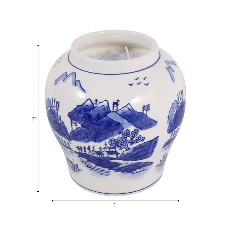 Chinoiserie Ceramic Candle - Neroli and Basil Scent - 7", Blue - 7.0"