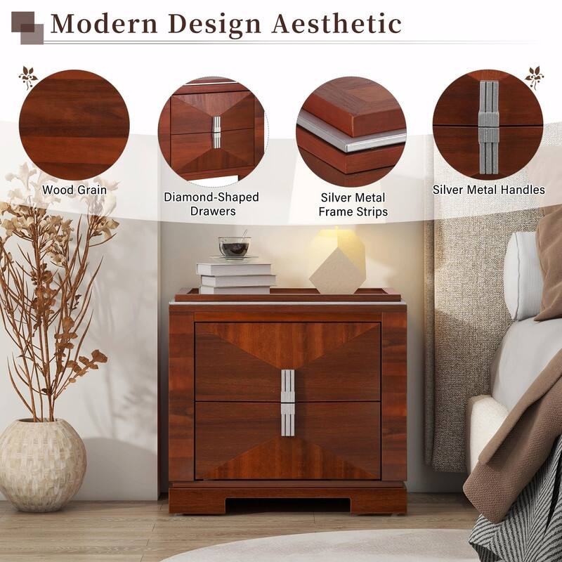 Mid-Century Modern Nightstand with 2 Drawers - Wide Wood End Table with Diamond Design and Heavy-Duty Base