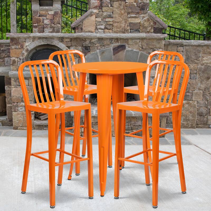 24'' Round Metal Indoor-Outdoor Bar Table Set with 4 Vertical Slat Back Stools