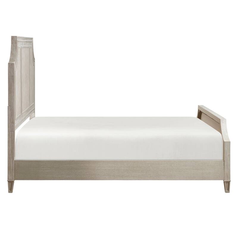 Queen Size Oak Panel Bed with Curved Traditional Headboard and Wire-Brushed Finish
