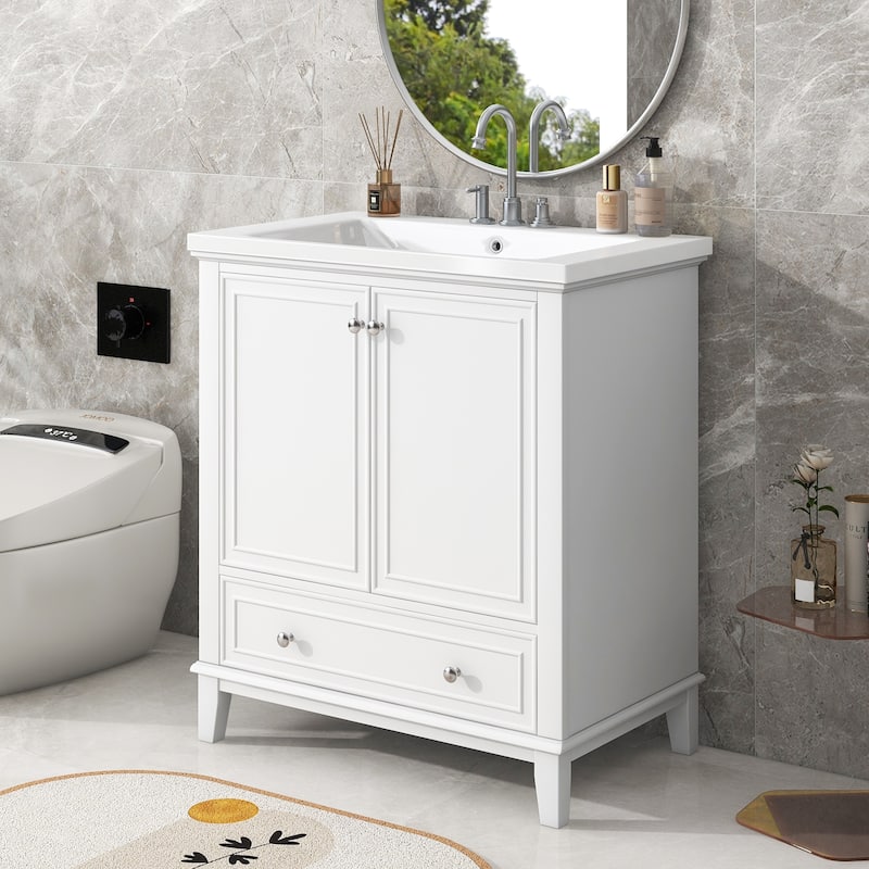 30" Bathroom Vanity with Sink Combo, Multi-functional Bathroom Cabinet with Doors and Drawer, Solid Frame and MDF Board - White