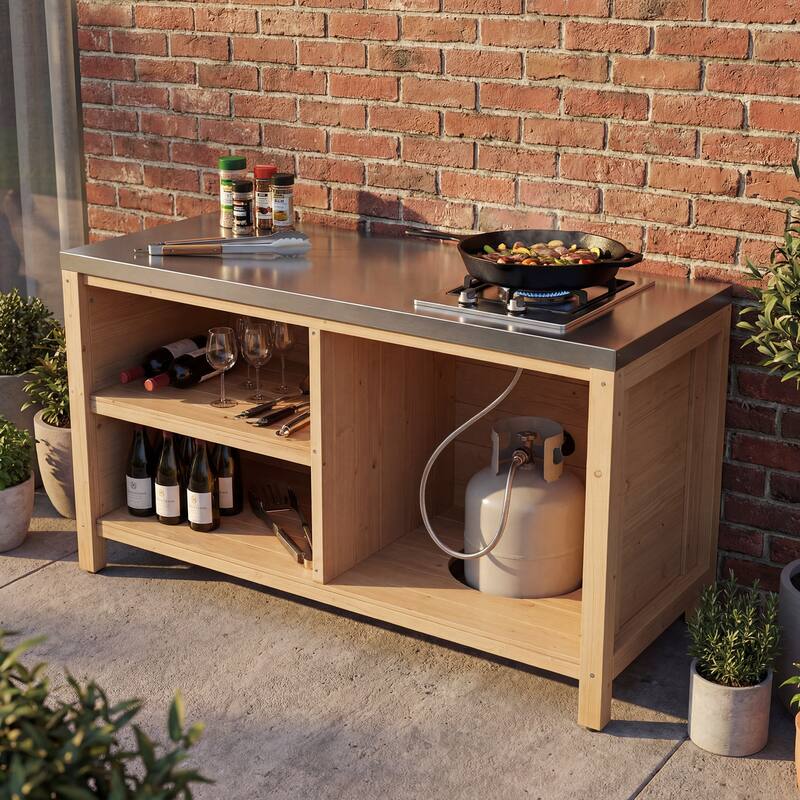 Modular Outdoor Kitchen Island Set, 100% Solid Wood BBQ Cabinet , Patio Kitchen Bar Table