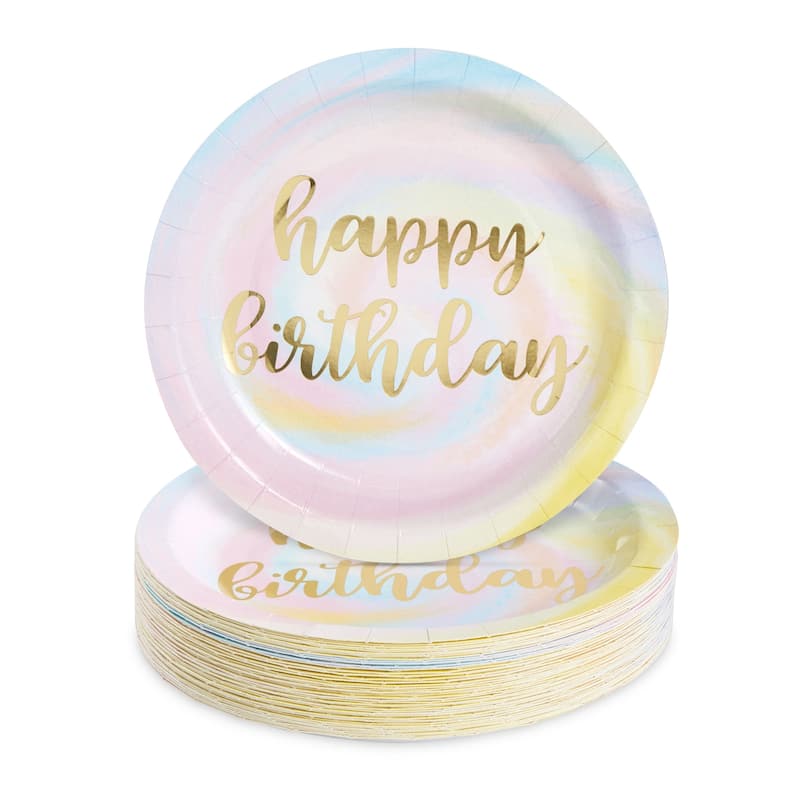Rainbow Pastel Party Decorations, Gold Foil Happy Birthday Plates (9 In ...