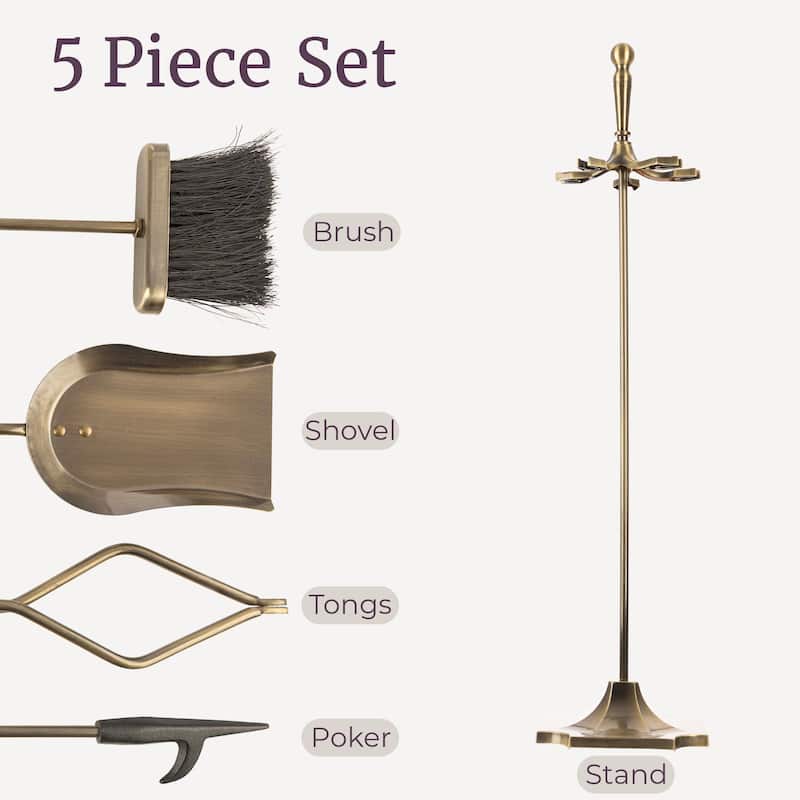 Lavish Home 5pc Indoor/Outdoor Fireplace Tool Set with Stand, Antique Brass