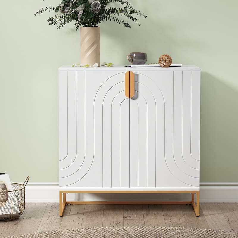 Modern White Wood Accent Cabinet,2 Door with Gold Legs for Living Room - White