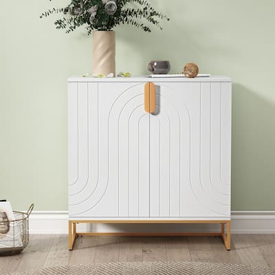 Modern White Wood Accent Cabinet,2 Door with Gold Legs for Living Room