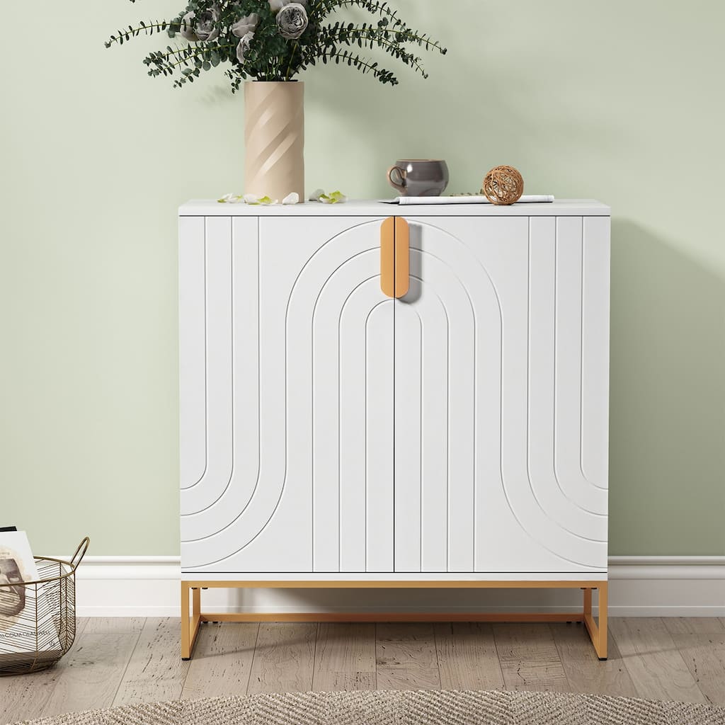 Modern White Wood Accent Cabinet,2 Door with Gold Legs for Living Room