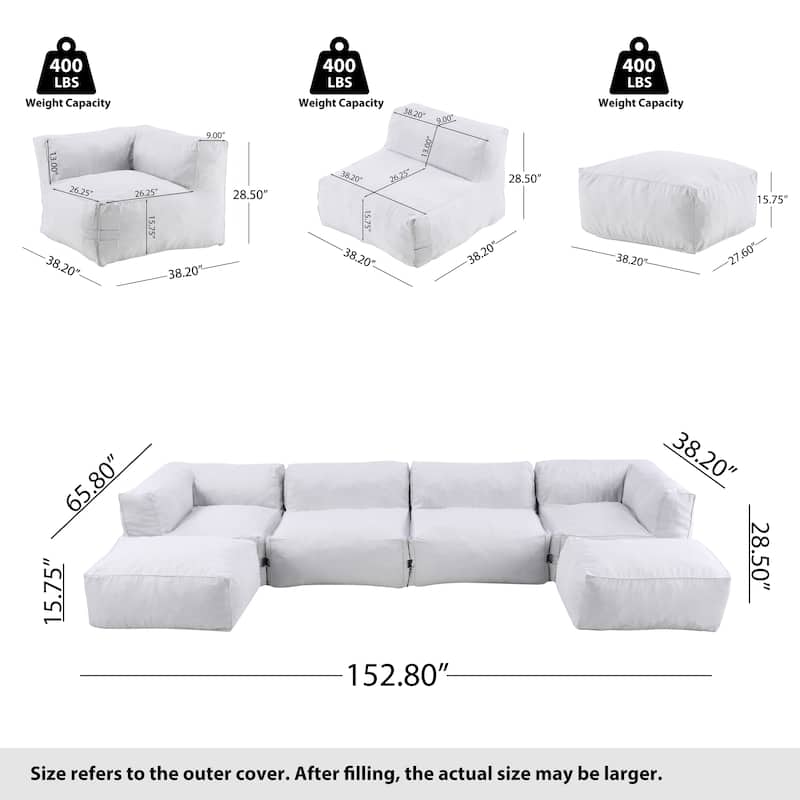 Christopher Knight Home - Nerissa 6-Piece Modular Outdoor/Indoor Bean Bag Sectional Sofa Set with Shredded Foam Filled & Ottoman