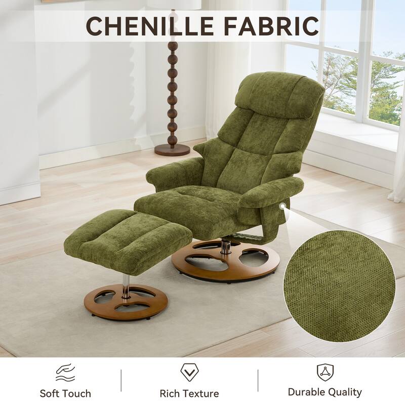 Recliner Chair with Ottoman, Modern 360° Swivel Lounge Chair with Footstool, Chenille Fabric, 5 Point Vibration Massage