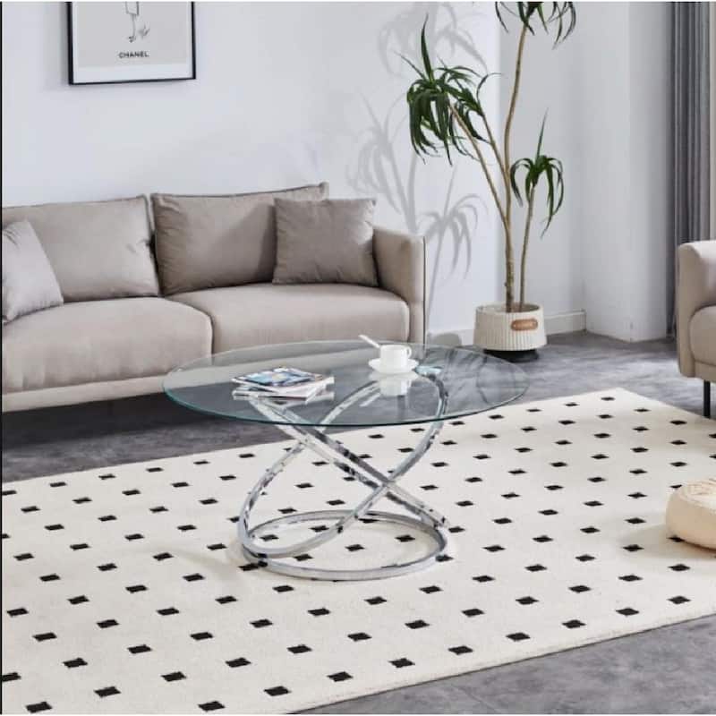 Modern Round Clear Glass Coffee Table with Tempered Glass and Stainless Steel Base