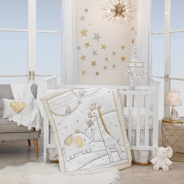 slide 2 of 6, Lambs & Ivy Signature Jamboree Metallic Gold/White/Silver Elephant and Giraffe 3-Piece Crib Bedding Set