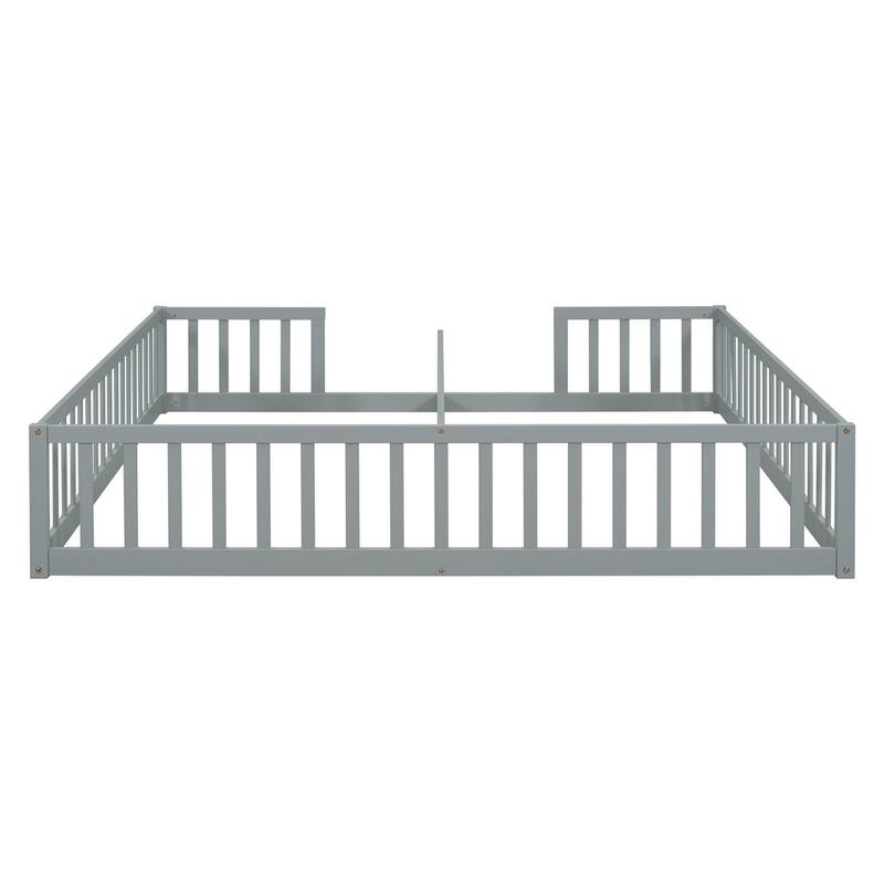 Double Twin Floor Bed with Fence, Guardrails,Without Door