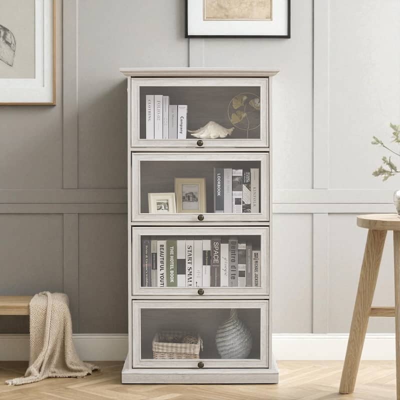 4-Tier Glass Display Cabinet with Flip-Up Doors, Curio Storage Showcase and Bookcase Organizer - Antique White