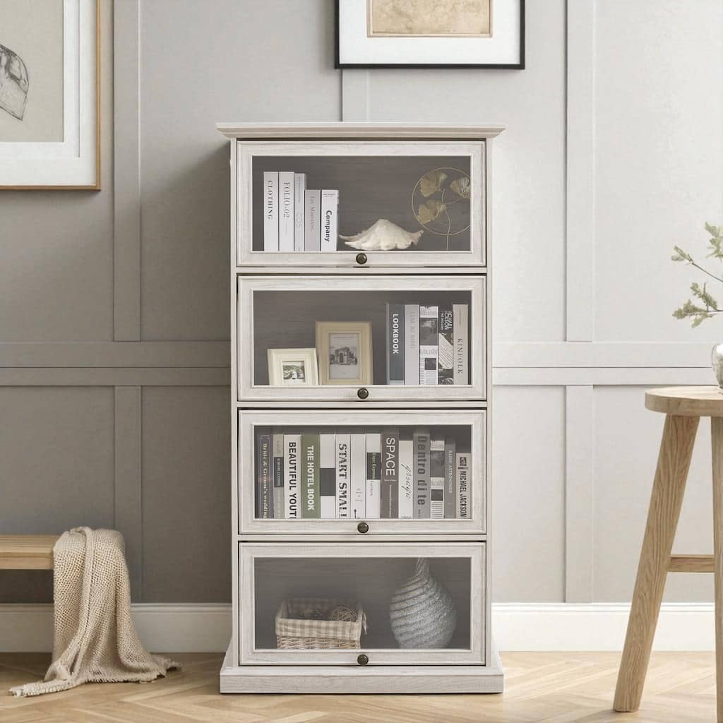 4-Tier Glass Display Cabinet with Flip-Up Doors, Curio Storage Showcase and Bookcase Organizer