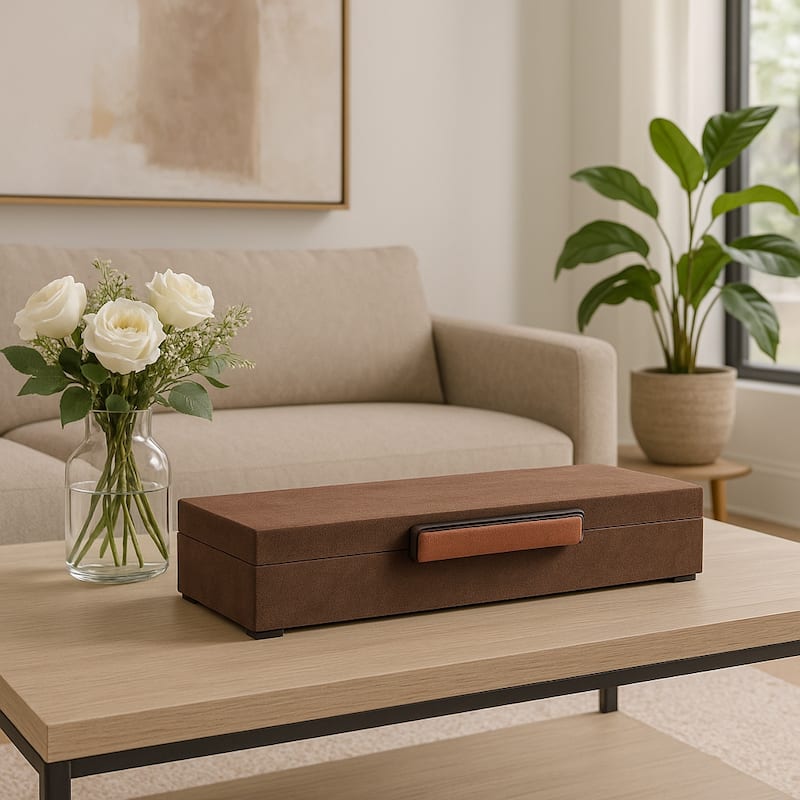 Elegant Decorative Box with Lid in Faux Leather - 18", Black & Brown - 18.0"