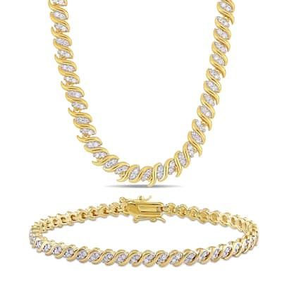 Miadora 3ct TW Diamond "S" Link Tennis Necklace Bracelet 2-Piece Set Yellow Silver - 17 + 7.5 in