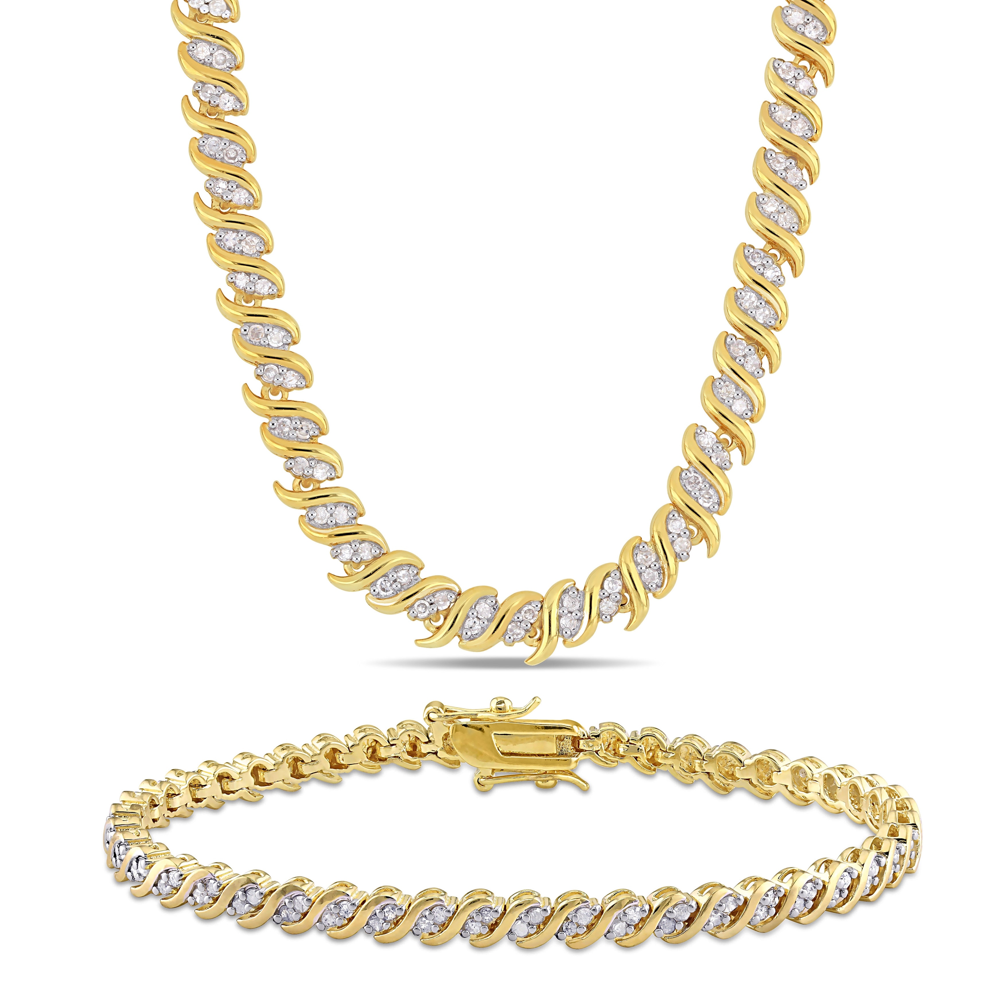 Miadora 3ct TW Diamond "S" Link Tennis Necklace Bracelet 2-Piece Set Yellow Silver - 17 + 7.5 in