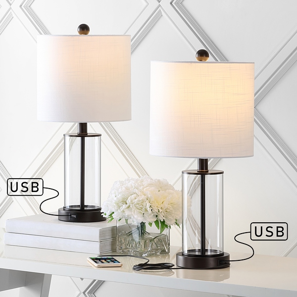 Cabell 21 Glass Modern Contemporary USB Charging LED Table Lamp Oil Rubbed Bronze Set of 2 by JONATHAN Y On Sale Bed Bath Beyond 35681267